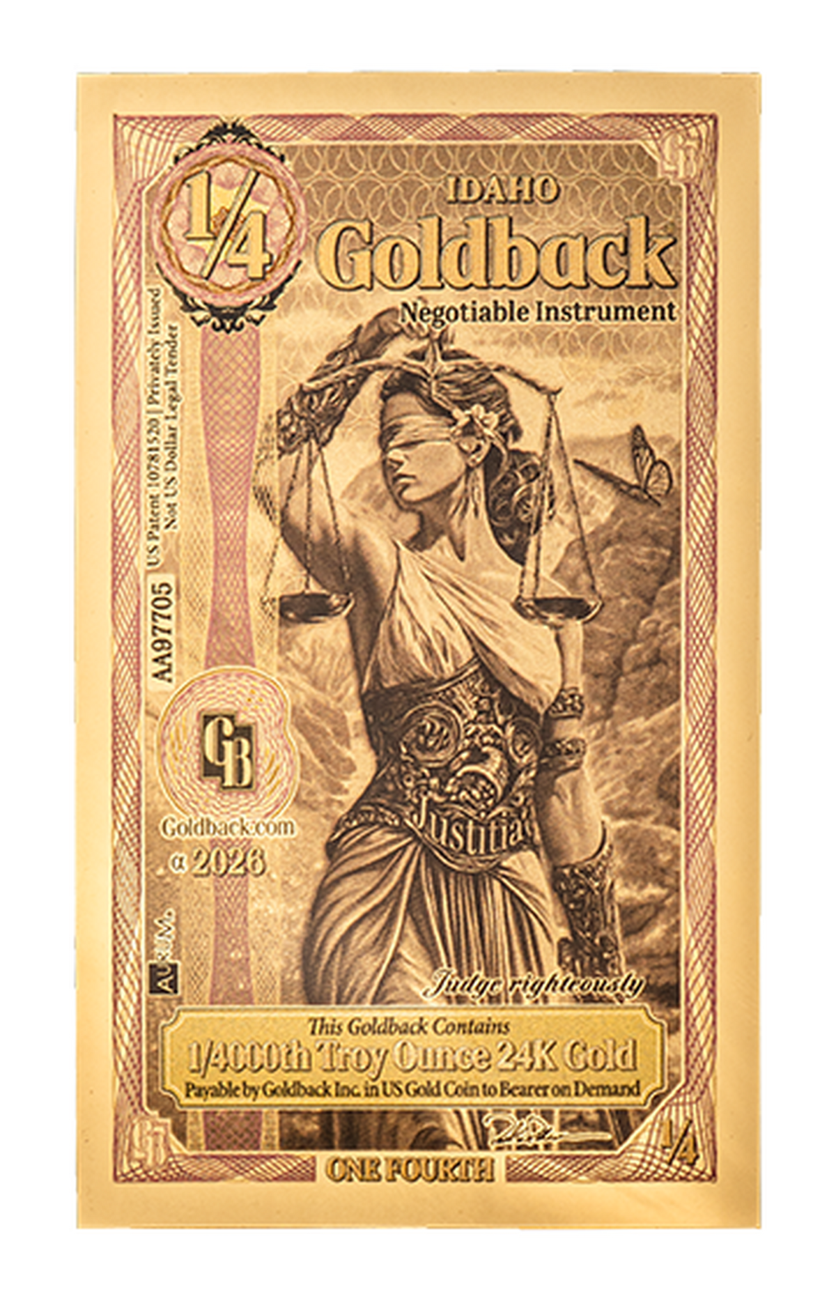 1/4 Idaho Goldback Alpha Edition front