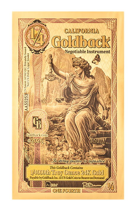 1/4 California Goldback Alpha Edition front — 1/4 Goldbacks